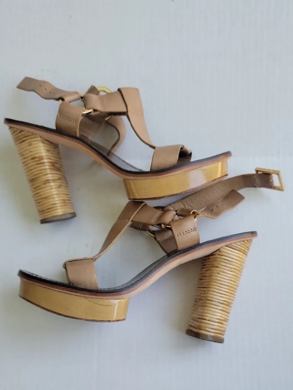 Tory Burch Beige Leather T-Strap Sandals with Gold Logo
